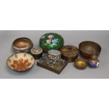 A Chinese cloisonne and champleve enamel cigarette box, a cloisonne box and cover and 8 items of