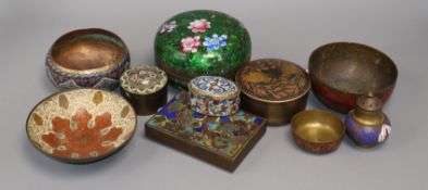 A Chinese cloisonne and champleve enamel cigarette box, a cloisonne box and cover and 8 items of