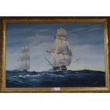 Peter J. Scott, oil on canvas, Sailing ships at sea, signed, 60 x 90cm.