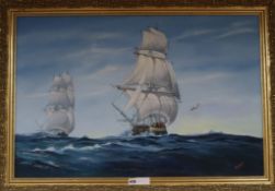 Peter J. Scott, oil on canvas, Sailing ships at sea, signed, 60 x 90cm.