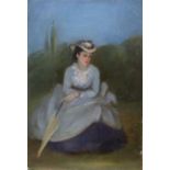 Victorian School, oil on millboard, Portait of lady seated in a landscape 29 x 20cm unframed