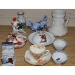 Two Caughley blue and white tea bowls and mixed ceramics