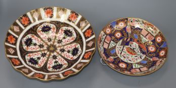 A Royal Crown Derby Imari dish and a Derby Imari dish largest diameter 26cm