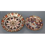 A Royal Crown Derby Imari dish and a Derby Imari dish largest diameter 26cm