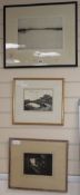 Joseph Gray, etching, Coastal landscape, signed and two wood engravings by C.W. Taylor, boat-