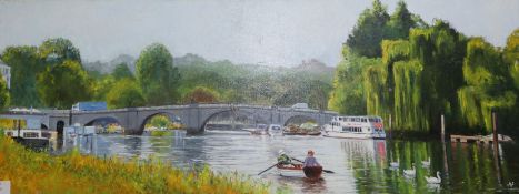 English School, oil on canvas, View of Richmond Bridge, monogrammed 30 x 80cm unframed