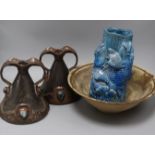 Three Arts & Crafts vases and a studio bowl
