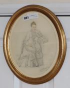 19th century Continental School, pencil and watercolour, Portrait of a seated lady, indistinctly