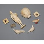 A Chinese carved ivory ball figure, etc