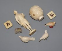 A Chinese carved ivory ball figure, etc