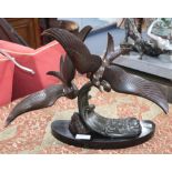 A spelter Art Deco figure group of two sea birds height 42cm