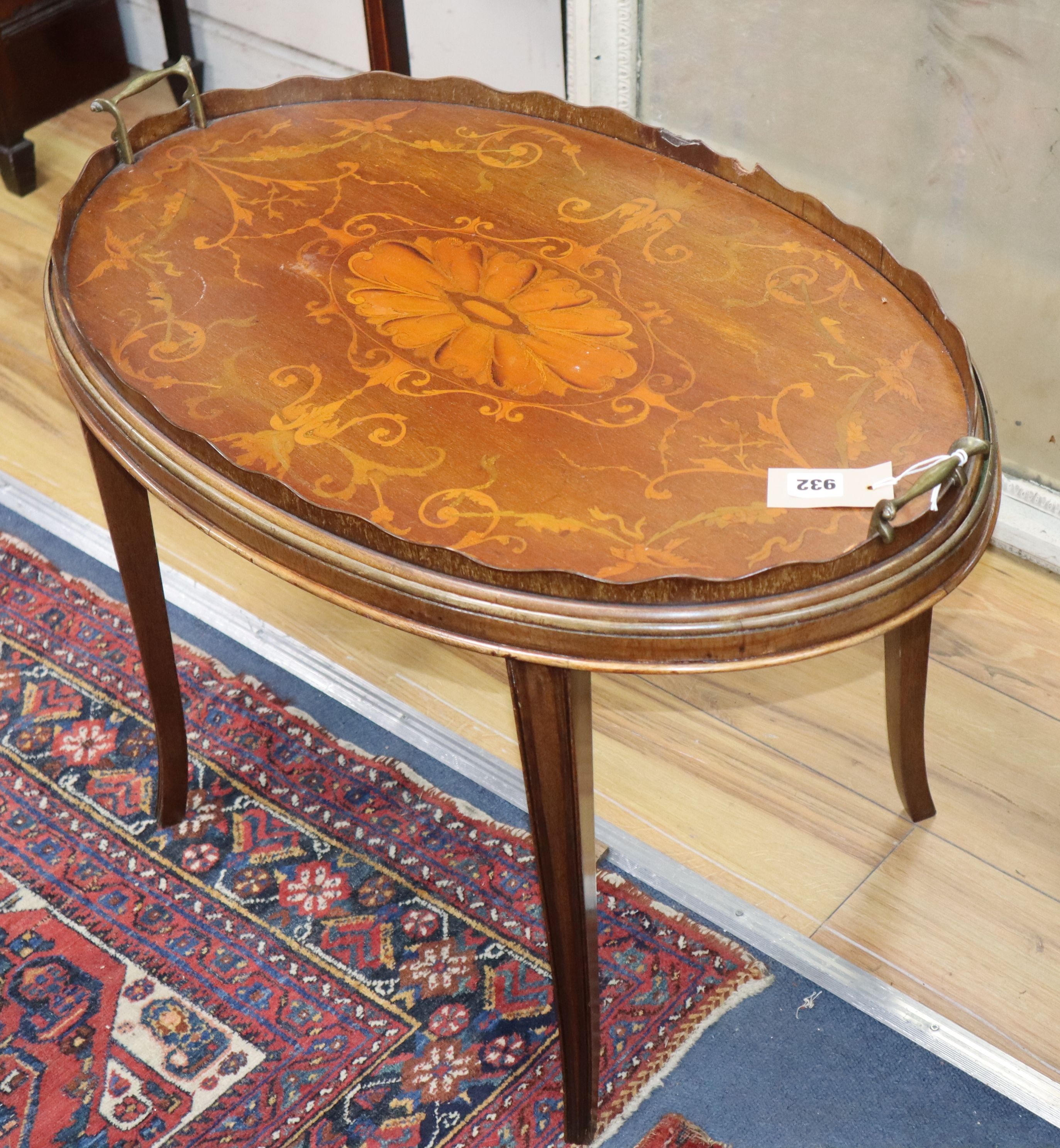 An Edwardian mahogany and marquetry inlaid tea tray, on later stand W.70cm