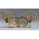 Two 19th century famille rose dishes and a pair of gilt metal and enamel peacock figures