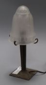 An Art Deco wrought iron and dropped glass table lamp height 28cm