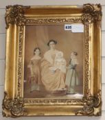 Victorian School, watercolour, Family group portrait of mother and children 28 x 22cm