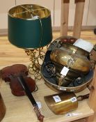 A brass hanging oil lamp, a table lamp, a coal scuttle and a 20th century violin