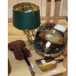 A brass hanging oil lamp, a table lamp, a coal scuttle and a 20th century violin