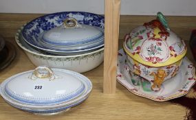 A French faience tureen, cover and stand, two pottery basins and a pair of Royal Worcester tureens