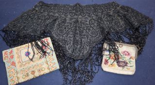 A Victorian jet beaded collar and two evening bags