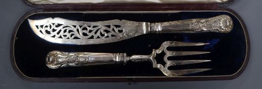 A cased pair of Victorian silver fish servers, John Round, Sheffield, 1871.