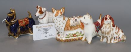 Five Royal Crown Derby paperweights, Diamond Jubilee Royal Corgi limited edition 102/500 with its