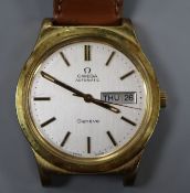 A gentleman's steel and gold plated Omega automatic day/date wrist watch, on associated strap(a.