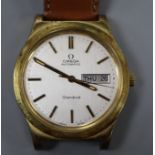 A gentleman's steel and gold plated Omega automatic day/date wrist watch, on associated strap(a.