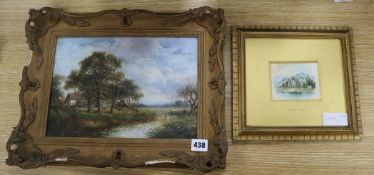 P. Nasmyth, oil on board, Figures beside a pond, signed, 20 x 30cm and a watercolour after Birket