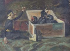 Renz Waller (b.1895) oil on canvas, Puppet beside blackbirds in a cigar box, signed, 38 x 53cm,