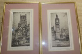 F. Robson, a set of four etchings, Westminster, Bow, Ely and St Bride's Church, signed in pencil, 25