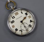 A chrome cased Jaeger Le Coultre military pocket watch, case back with broad arrow, G.S.T.P.