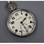 A chrome cased Jaeger Le Coultre military pocket watch, case back with broad arrow, G.S.T.P.