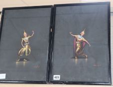 Indonesian School, pair of gouaches, Siamese dancers, indistinctly signed, 39 x 26cm