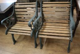 A green painted garden table and two chairs W.140cm