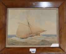 19th century English School, watercolour, Sailing boat at sea, 31 x 41cm
