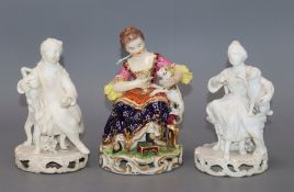 Three Derby porcelain seated groups, c.1830, including a pair of biscuit figures modelled as a