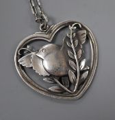 A Georg Jensen sterling 'robin and wheatsheaf' heart shaped pendant, no. 97, with chain, pendant