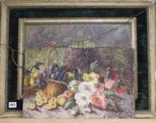 Late 19th century English School, pair of oils on canvas, Still lifes of flowers, fruit and a