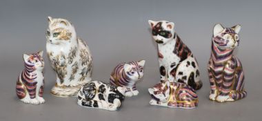 Seven Royal Crown Derby paperweights, Mother Cat, FiFi, Misty, another cat and three kittens, gold