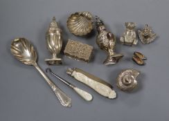 Ten assorted small silver and white metal items including a Victorian pocket fruit knife, two