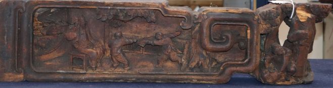 Four 19th century Chinese architectural beams, each carved with figures