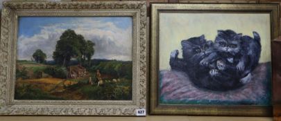 Follower of Ford Madox Brown, oil on canvas, Summer landscape, 29 x 40cm and a sketch after Roner of