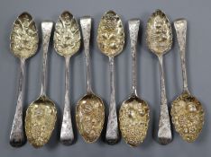 Eight assorted George III silver Old English pattern 'berry spoons', various dates and makers, 16