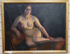 Frederick W. Schmidt (fl.1905-30), oil on canvas, 'Contemplation' - nude by fireside, signed, 60 x