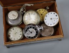 Assorted pocket watches and wrist watch movements, housed in a plated cigarette case.