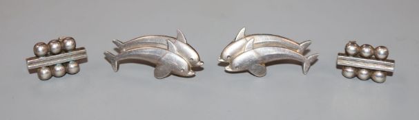 A pair of Georg Jensen sterling 'dolphin' earrings, no 129 and one other pair of Jensen earrings (