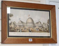 A Victorian coloured lithograph of the Dublin Great Industrial Exhibition 1853, 23 x 40cm