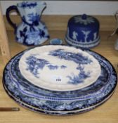 Five oval meat plates, a Wedgwood cheese dome and a Masons wash jug
