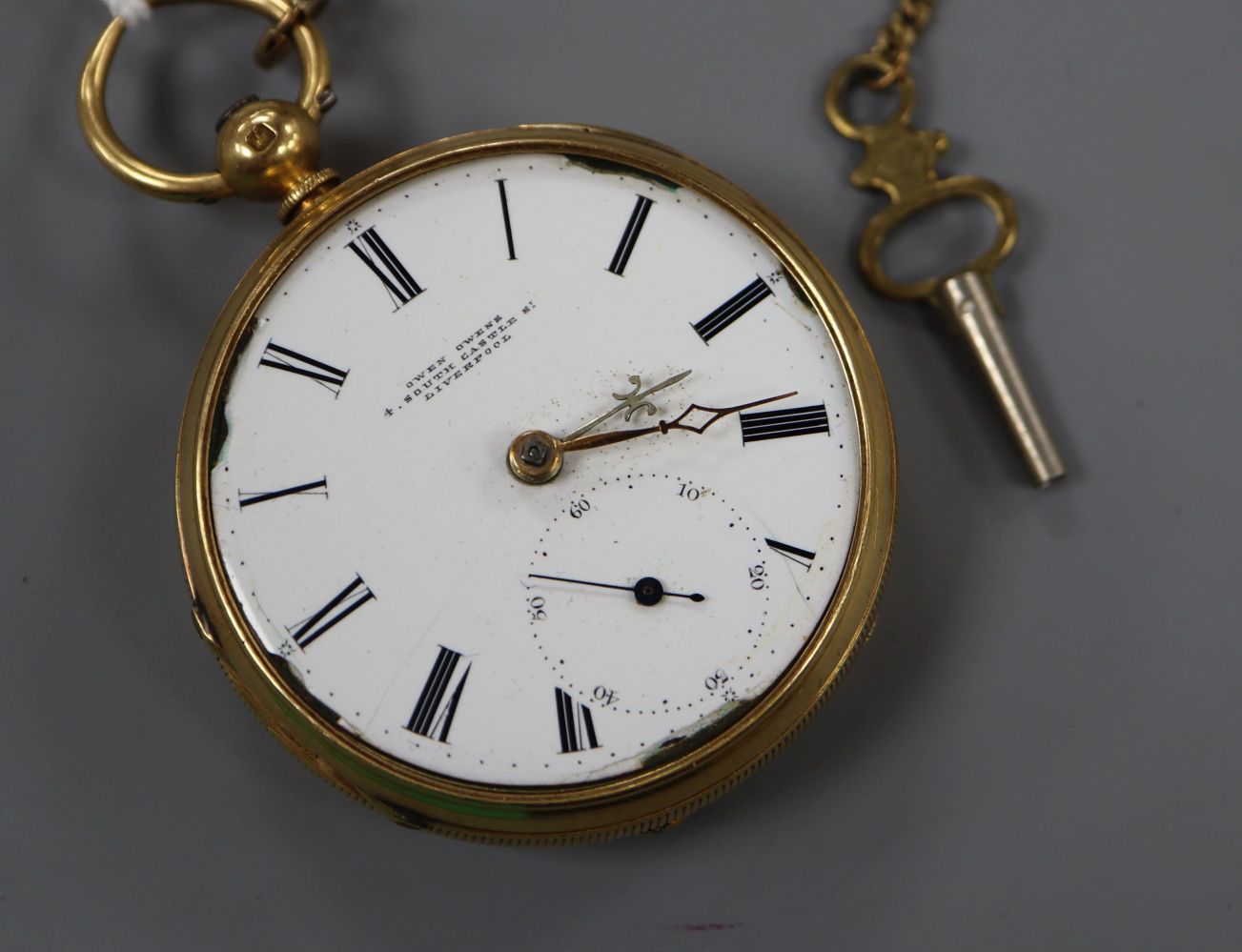 A Victorian 18ct gold keywind pocket watch, by Owen Owens, Liverpool, (a.f.). with watch key.