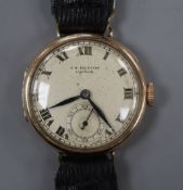 An early 20th century 9ct gold J.W. Benson manual wind wrist watch, with Roman dial and subsidiary